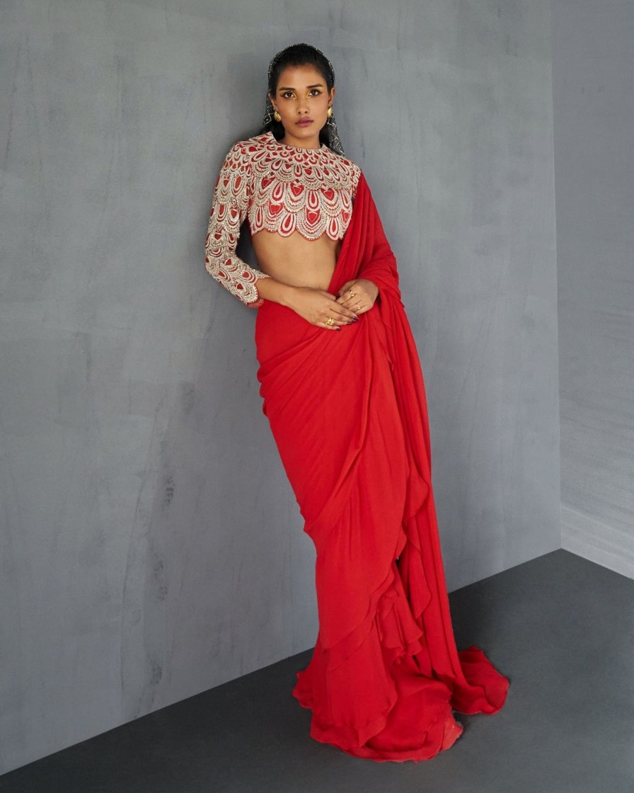 Womens Bhumika Sharma | Red Draped Ruffle Sari Set