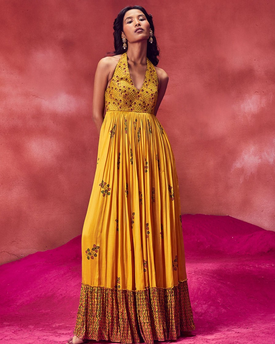 Womens Punit Balana | Yellow Printed Long Crush Dress