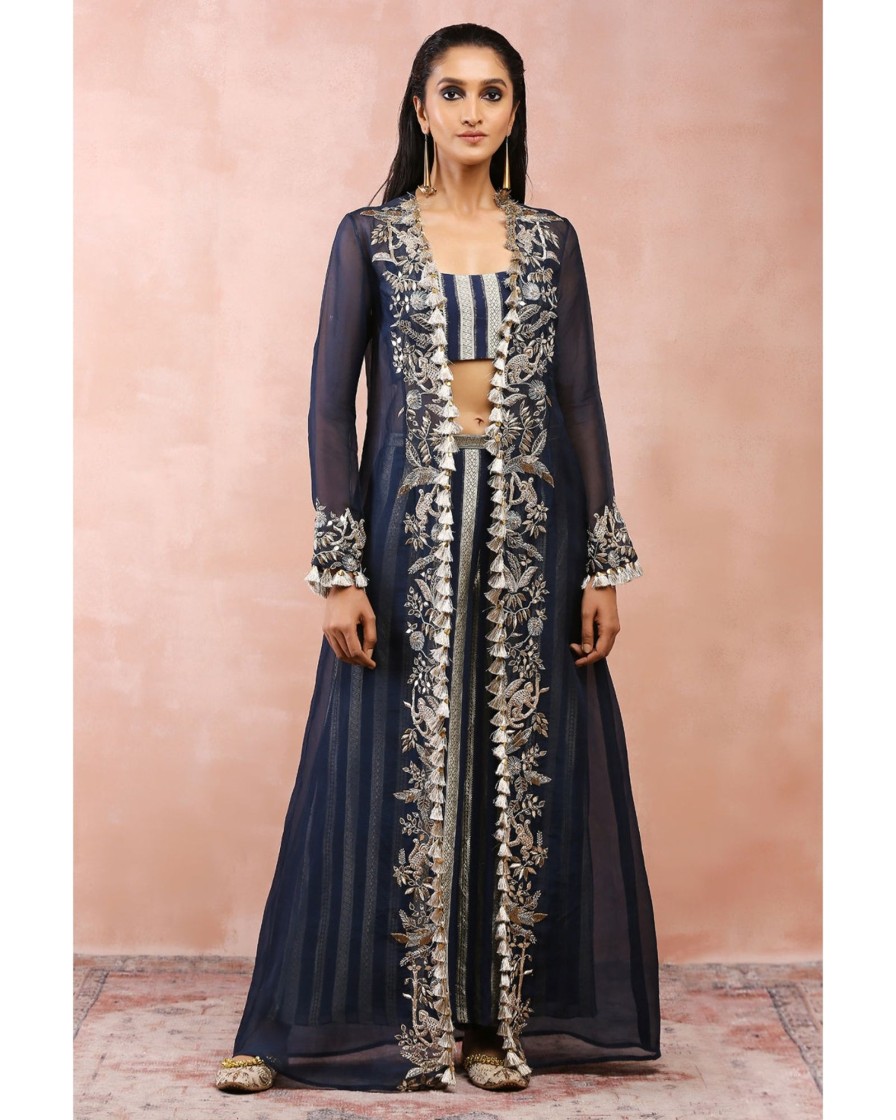 Womens Payal Singhal | Navy Embroidered Jacket With Bustier And Pallazo Pant