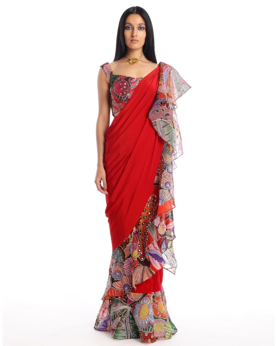 Womens Aisha Rao | Candy Red Labyrinth Sari Set