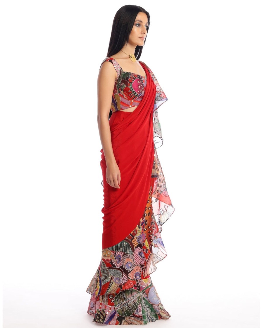 Womens Aisha Rao | Candy Red Labyrinth Sari Set