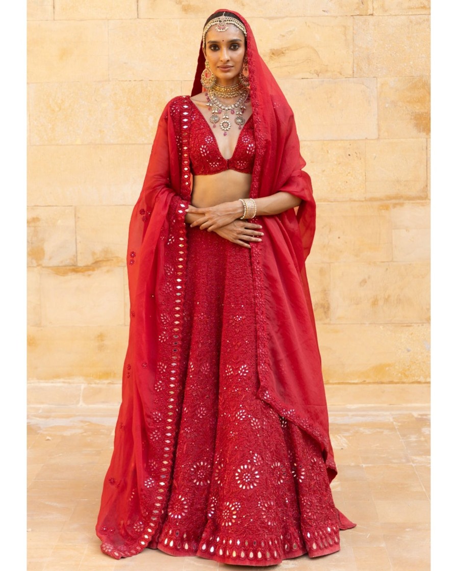 Bridal Arpita Mehta | Red Mirror Embroidered Lehenga Set