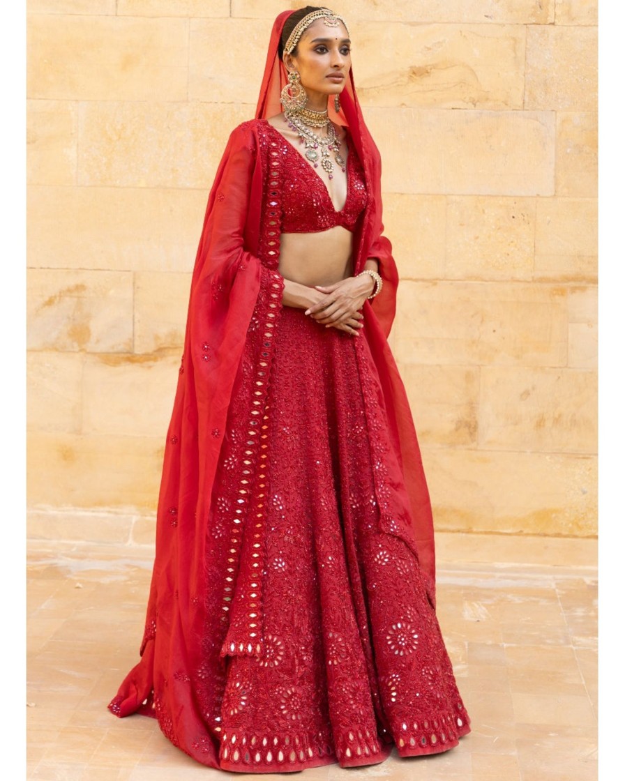 Bridal Arpita Mehta | Red Mirror Embroidered Lehenga Set