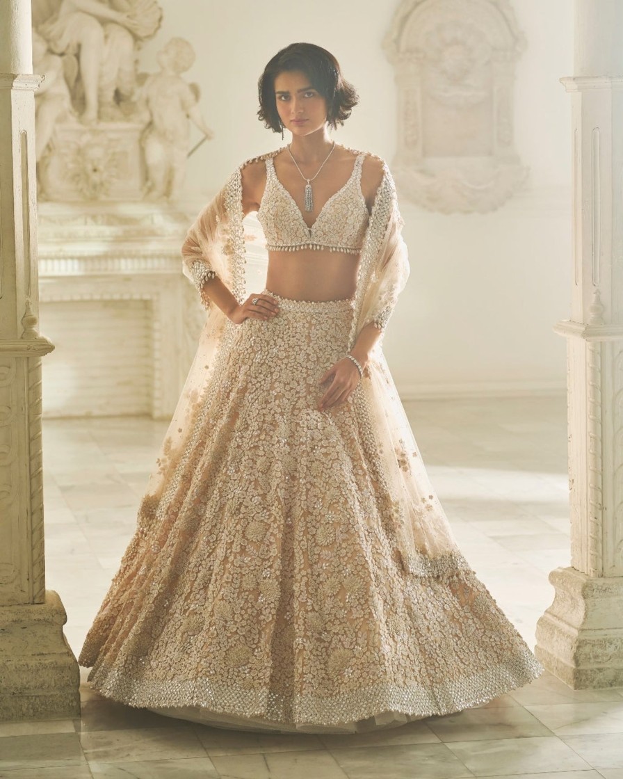 Bridal Seema Gujral | Powder Pink Three-Dimensional Lehenga Set