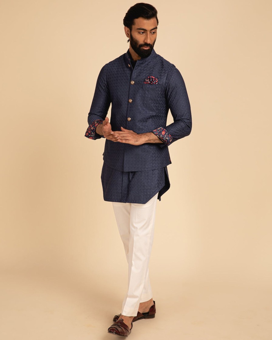 Mens Arjan Dugal | Cobalt Blue Silk Motif Kurta Set