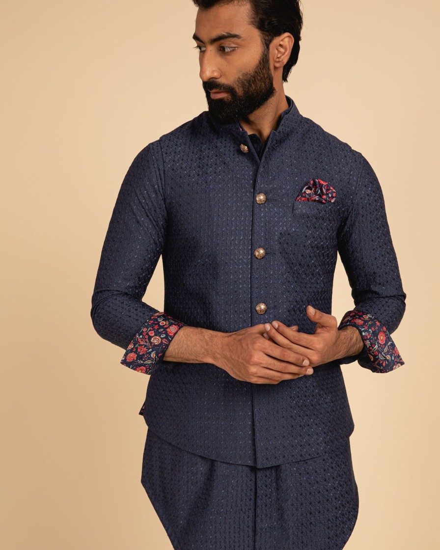 Mens Arjan Dugal | Cobalt Blue Silk Motif Kurta Set