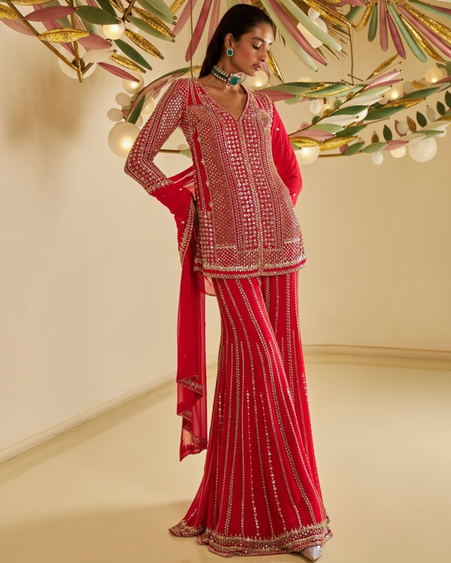 Bridal Seema Gujral | Red Georgette Sharara Set