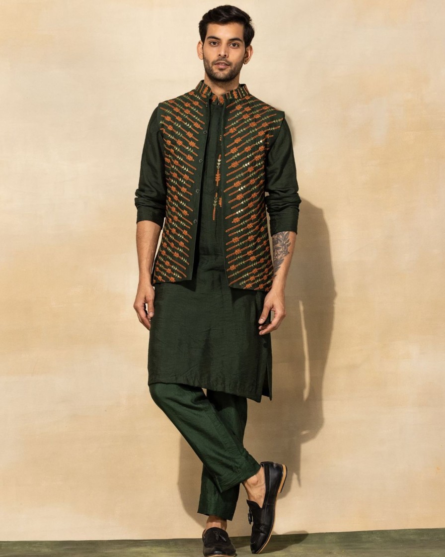 Mens Diya Rajvvir Mens | Olive Green Arrow Kurta And Bandi Set