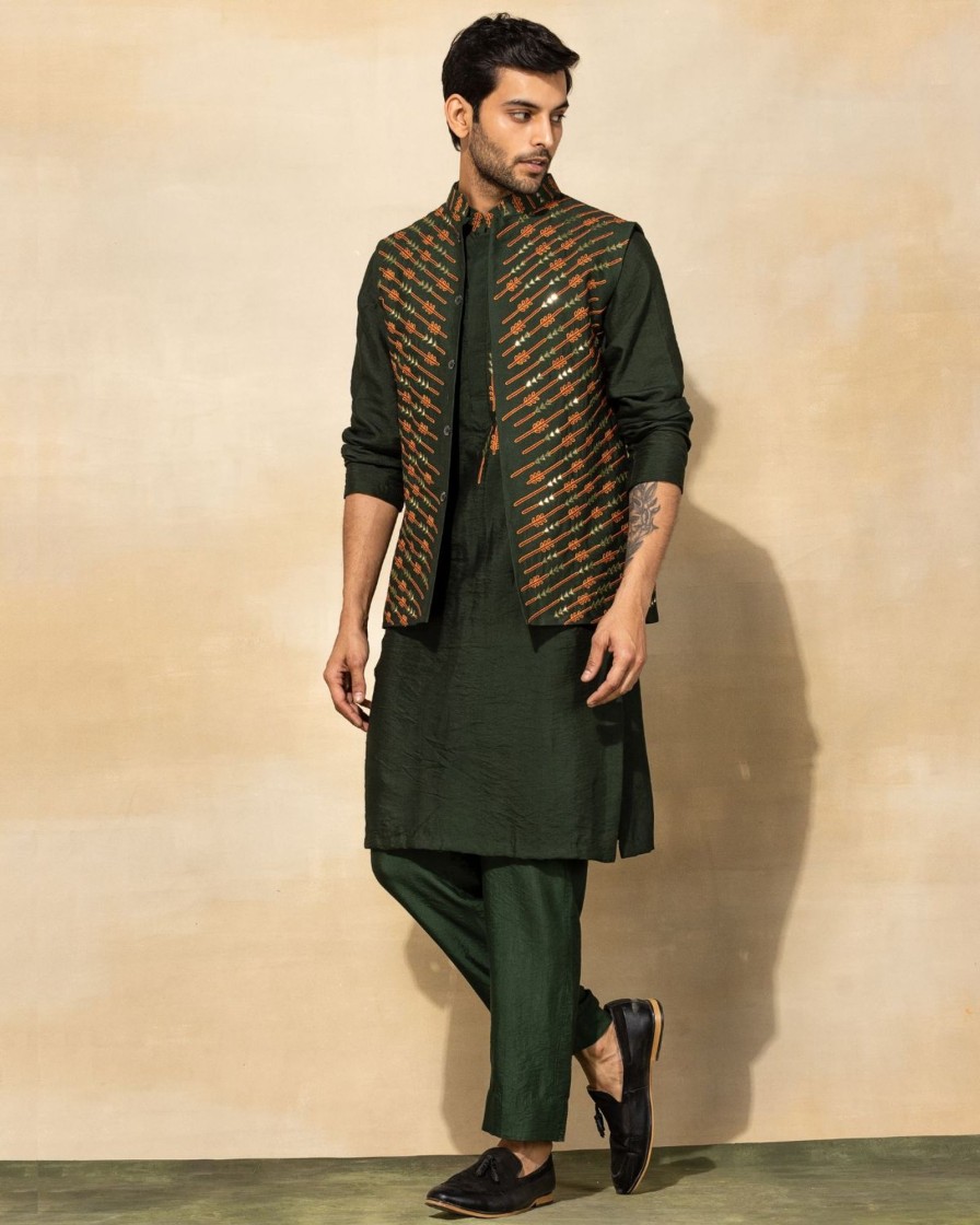 Mens Diya Rajvvir Mens | Olive Green Arrow Kurta And Bandi Set