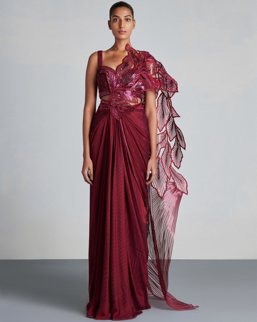 Bridal Amit Aggarwal | Plum Metallic Draped Sari