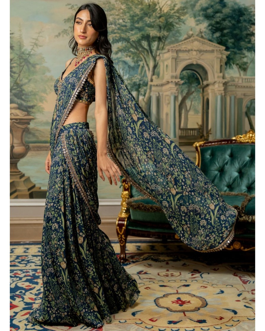 Womens Paulmi u0026 Harsh | Navy Blue Printed Pre-Stitch Sari Set