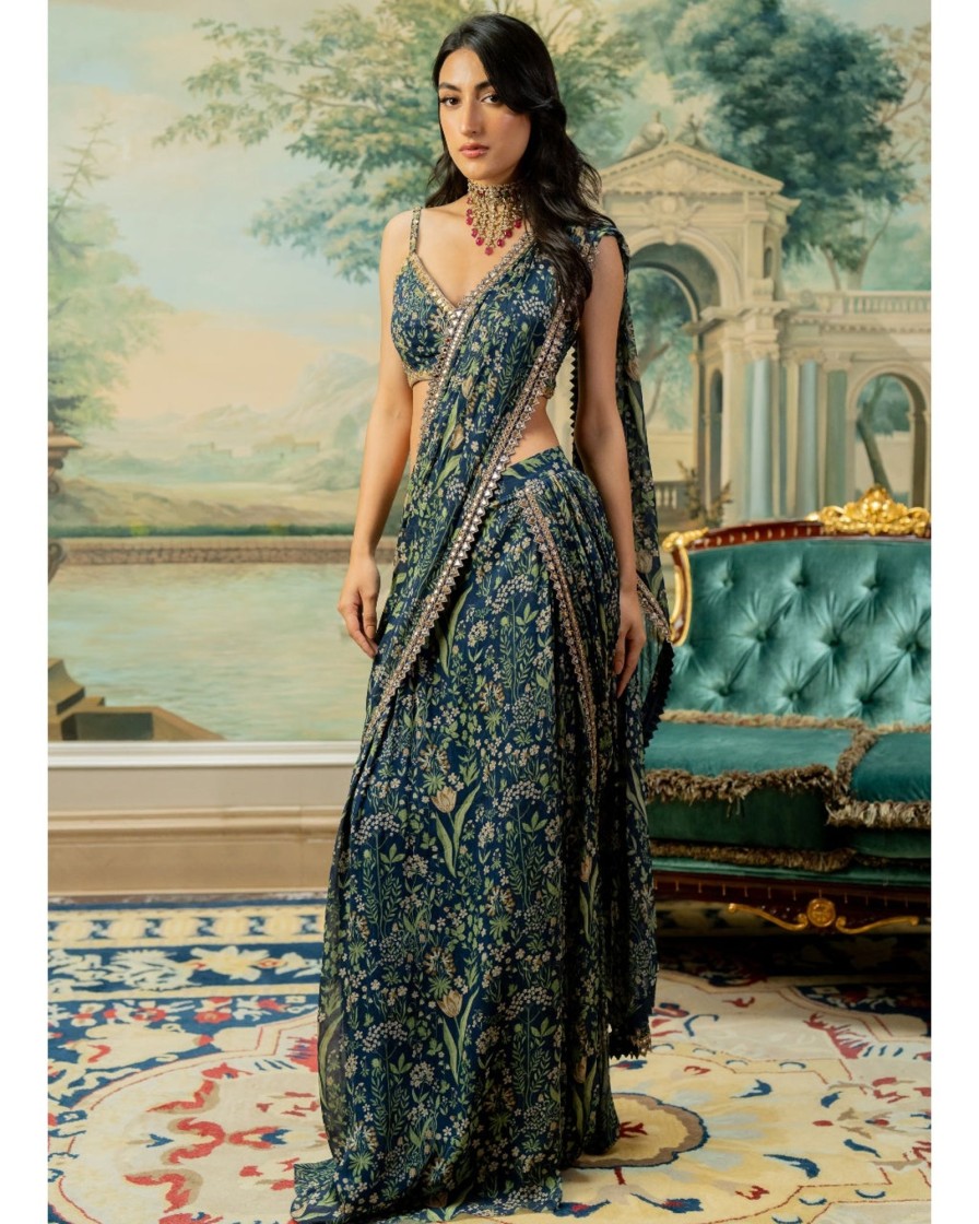 Womens Paulmi u0026 Harsh | Navy Blue Printed Pre-Stitch Sari Set