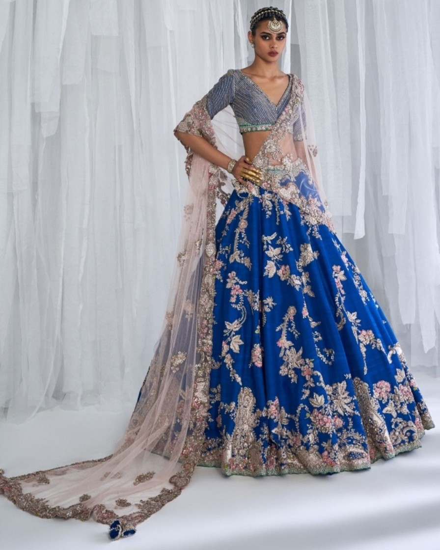 Womens Dolly J | Daffodil Blue Raw Silk Bridal Lehenga Set