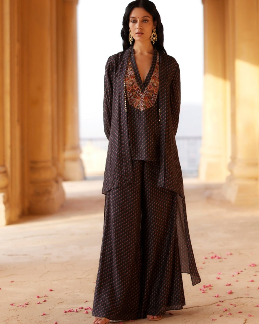 Womens Label Anushree | Black Embroidered Printed Tunic Set With Cape