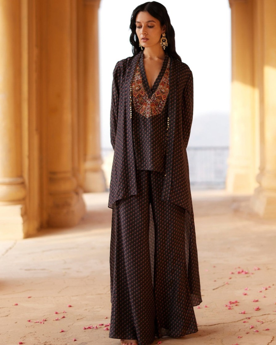 Womens Label Anushree | Black Embroidered Printed Tunic Set With Cape