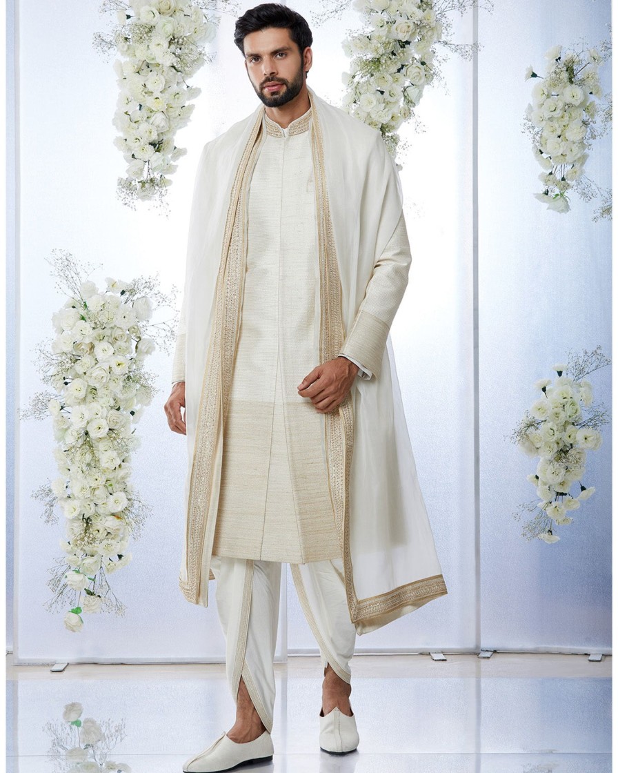 Mens Seema Gujral Mens | Cream U0026 Gold Zari Sherwani Set