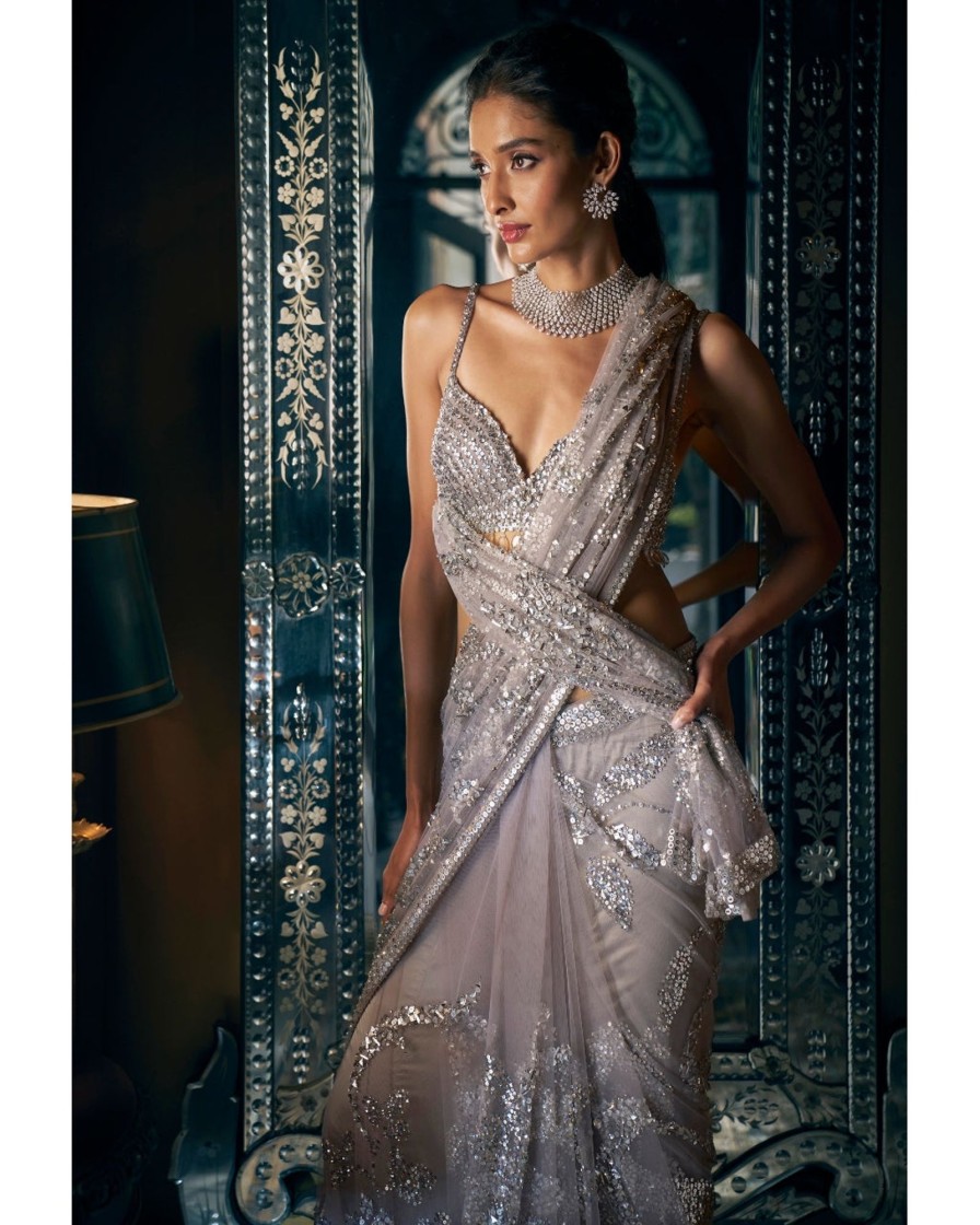 Womens Seema Gujral | Steel Grey Sequin Sari Set