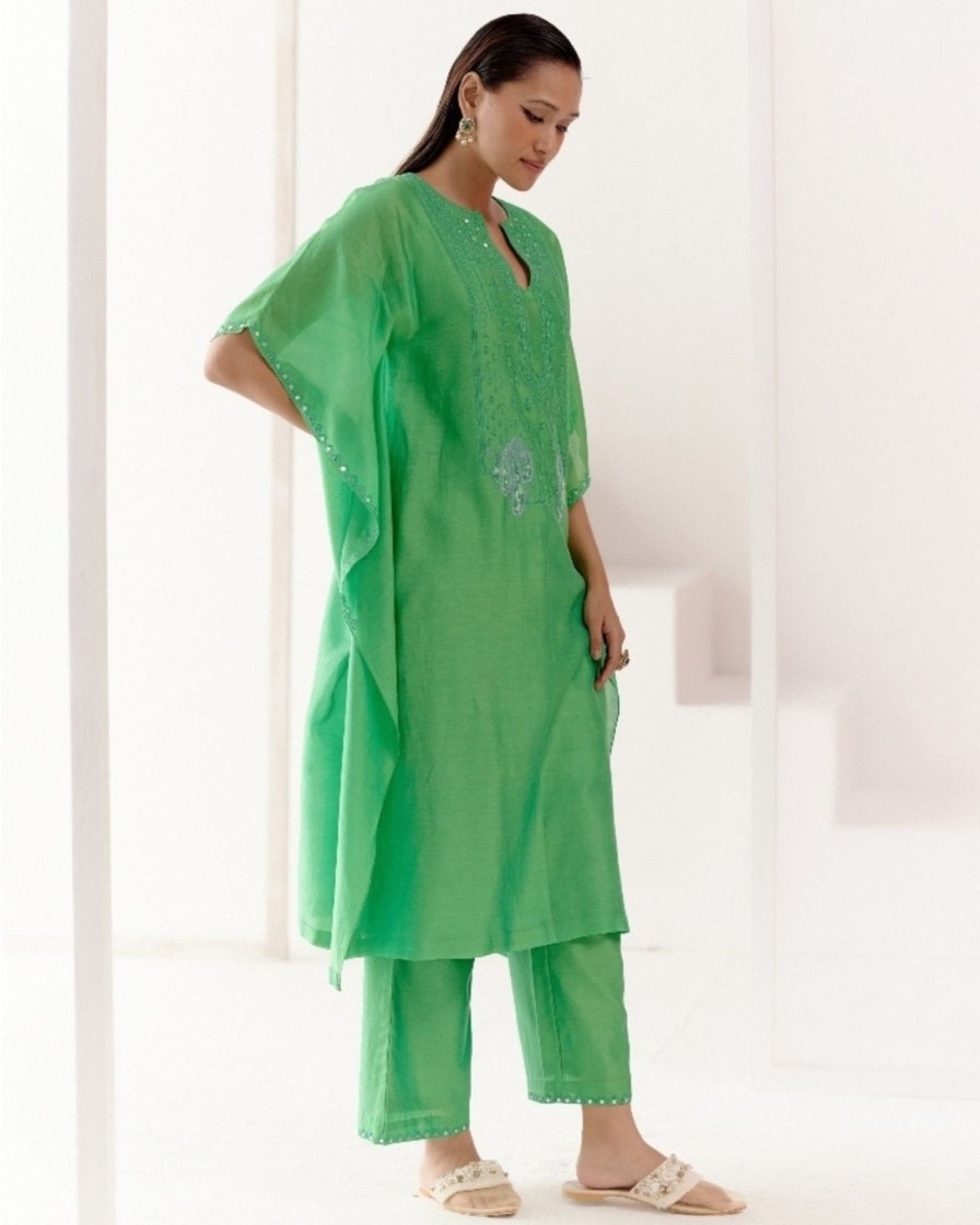 Womens Devnaagri | Green Silk Chanderi Embroidered Kaftan Set