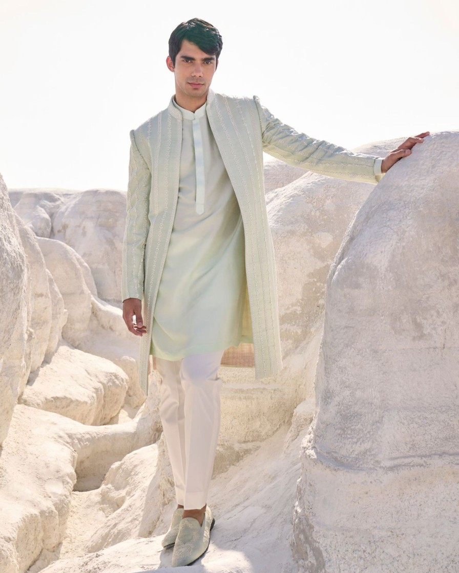 Mens Seema Gujral Mens | Sea Green Pearl Open Sherwani Set