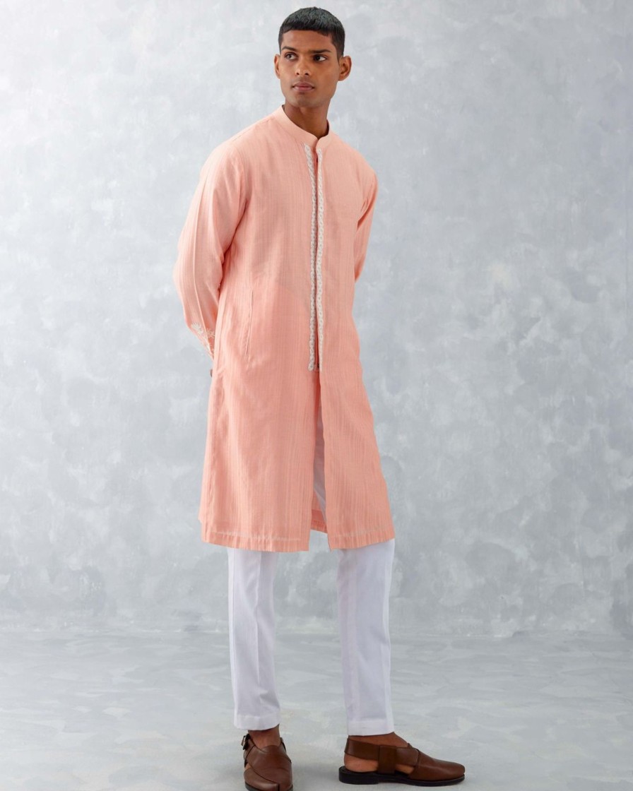 Mens Devnaagri Mens | Blush Pink Embroidered Woven Chanderi Kurta Set