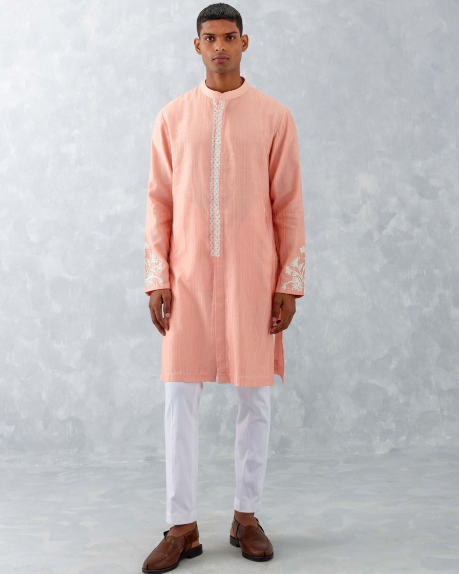 Mens Devnaagri Mens | Blush Pink Embroidered Woven Chanderi Kurta Set