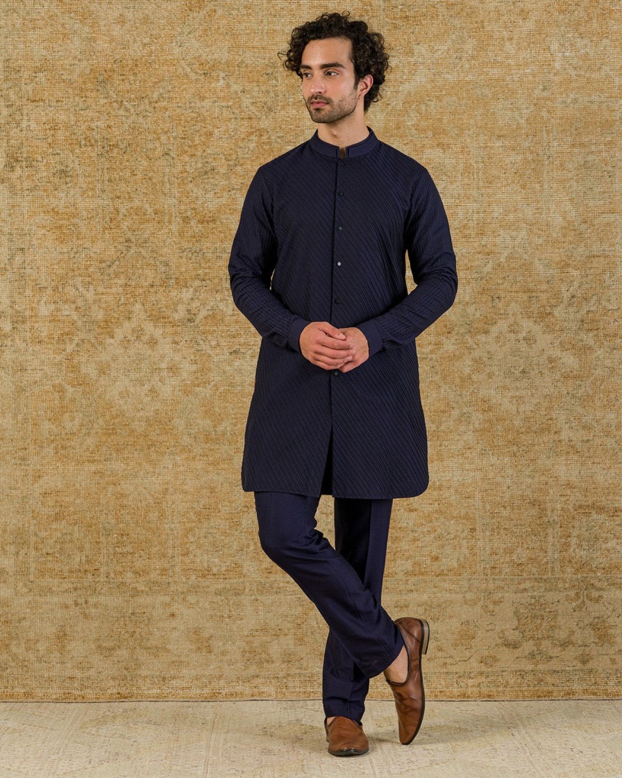 Mens Devnaagri Mens | Diagonal Pintuck Navy Kurta Set