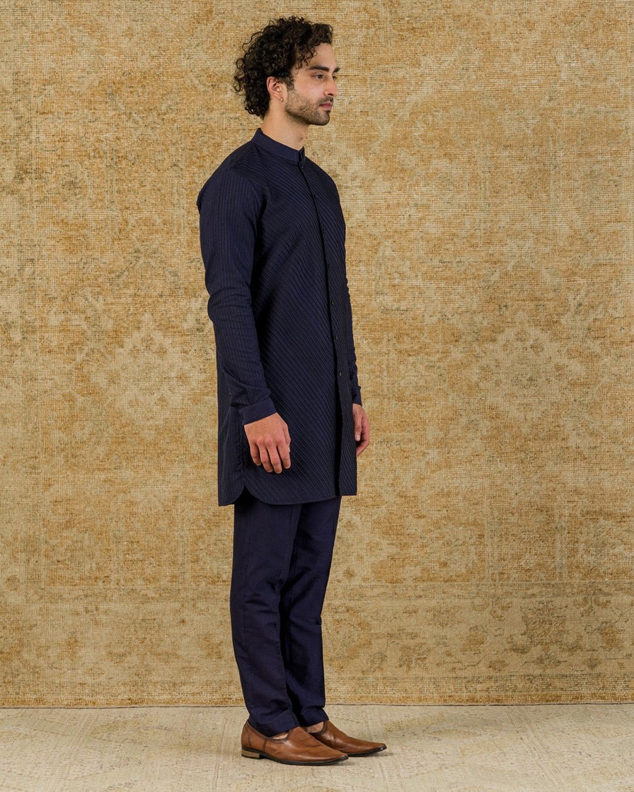 Mens Devnaagri Mens | Diagonal Pintuck Navy Kurta Set