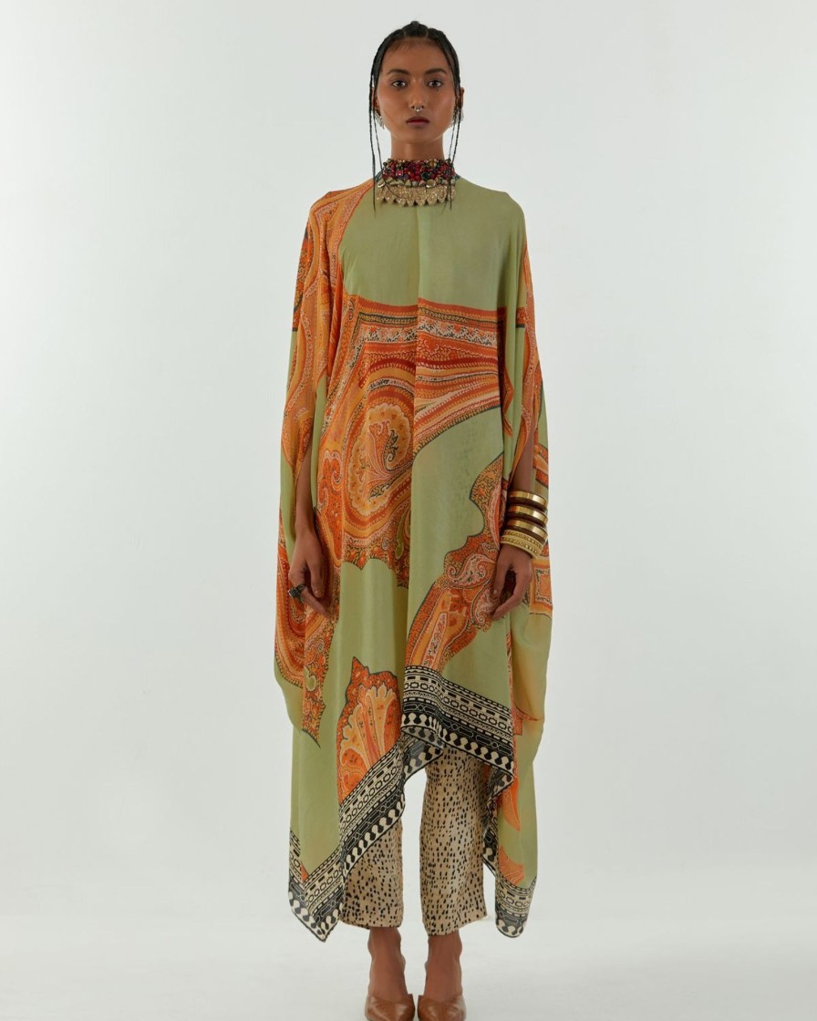 Womens Aseem Kapoor | Ash Green Ambi Printed Kaftan Set