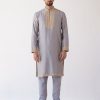 Mens Devnaagri Mens | Gray Hand Embroidered Chanderi Kurta Set