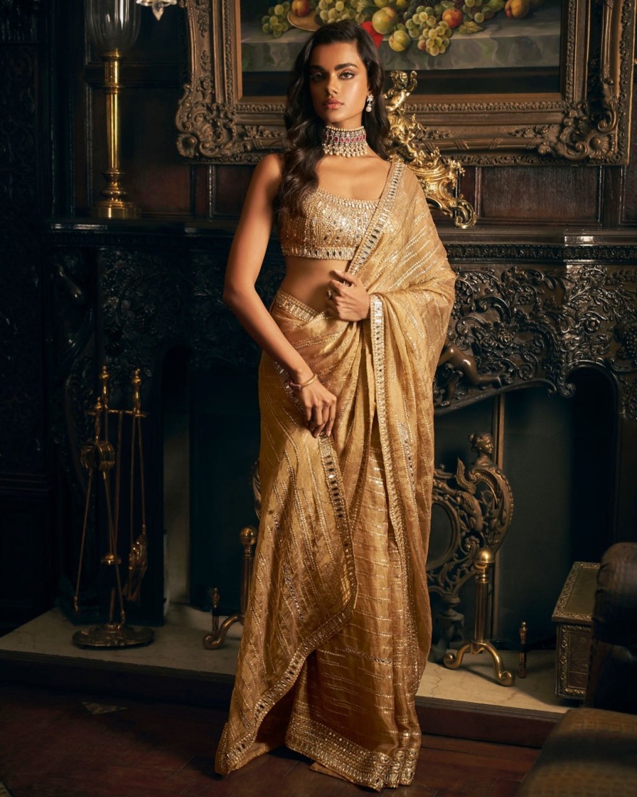 Womens Seema Gujral | Gold Mirror Work Sari Set