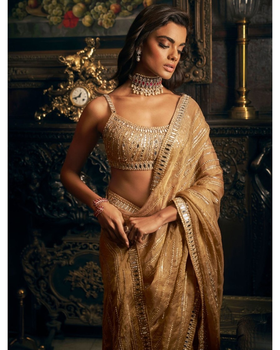 Womens Seema Gujral | Gold Mirror Work Sari Set