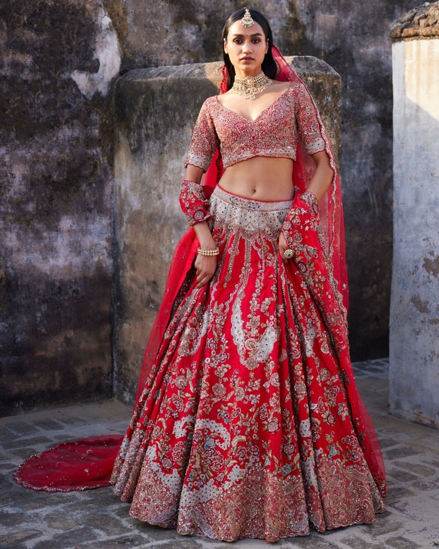 Bridal Dolly J | Lillian Red Raw Silk Bridal Lehenga Set