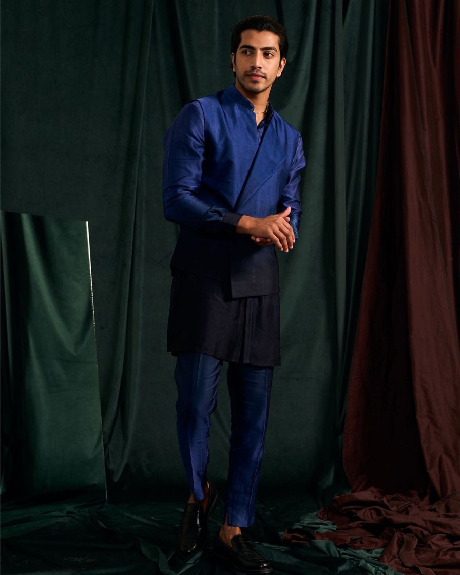 Mens Project Bandi | Azure Ombre Modal Linen Kurta With Matching Pajama