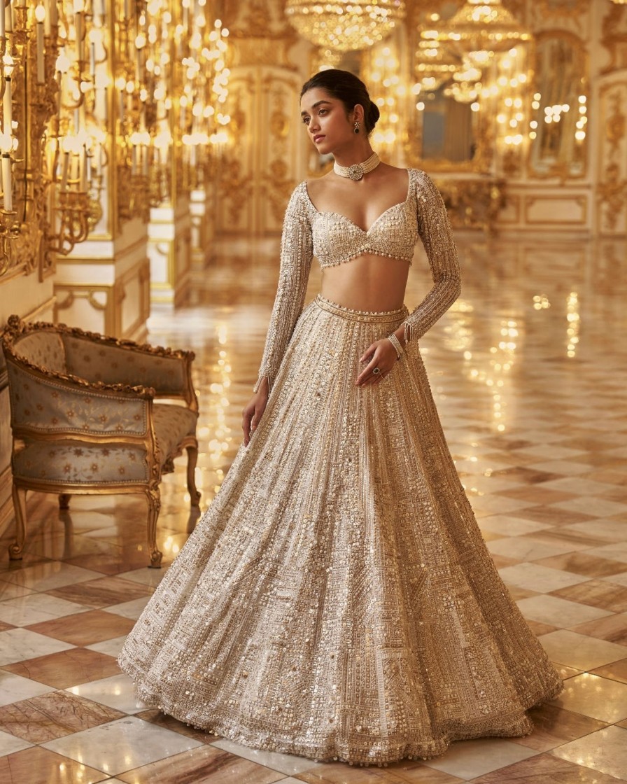 Bridal Seema Gujral | Ivory Gold Sequin Lehenga Set