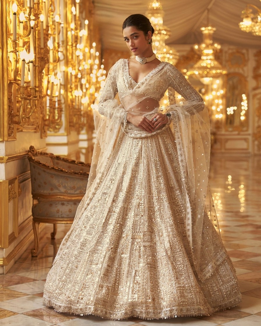 Bridal Seema Gujral | Ivory Gold Sequin Lehenga Set