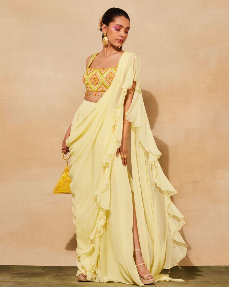 Womens Diya Rajvvir | Pastel Yellow Georgette Ruffled Pant Sari Set