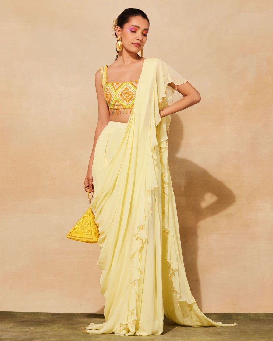 Womens Diya Rajvvir | Pastel Yellow Georgette Ruffled Pant Sari Set