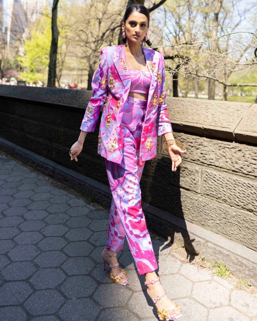 Womens Papa Don't Preach | Living Coral- Lilac And Hot Pink Sequin Printed Pant Suit Set