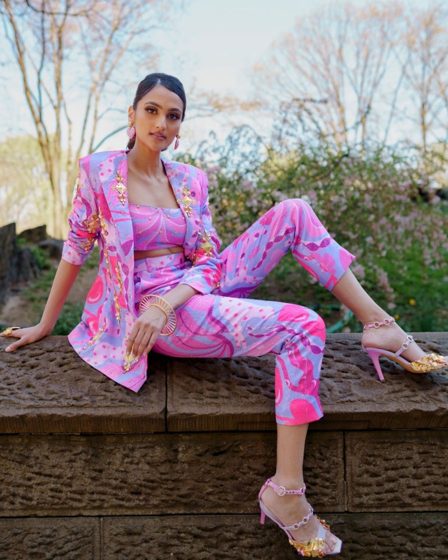 Womens Papa Don't Preach | Living Coral- Lilac And Hot Pink Sequin Printed Pant Suit Set