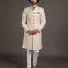 Mens Arjan Dugal | Off White Chanderi Silk Embroidered Full Achkan Set