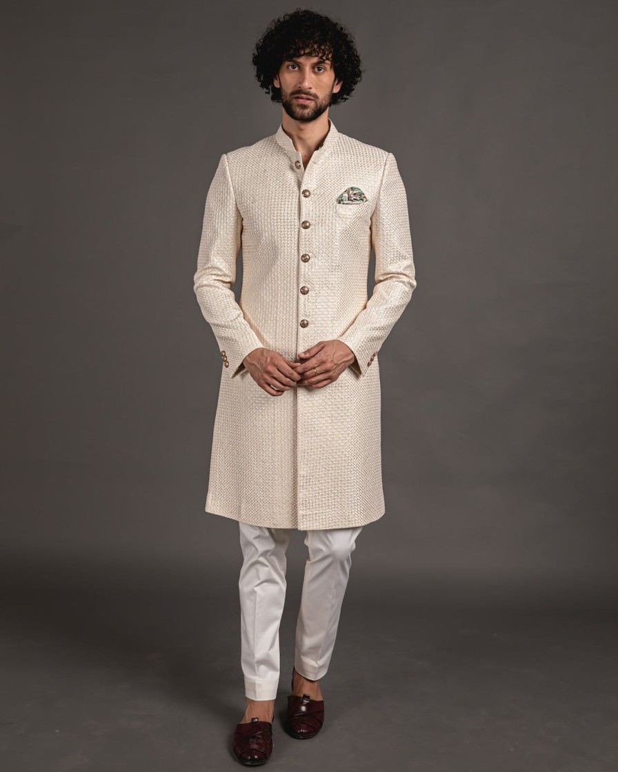 Mens Arjan Dugal | Off White Chanderi Silk Embroidered Full Achkan Set