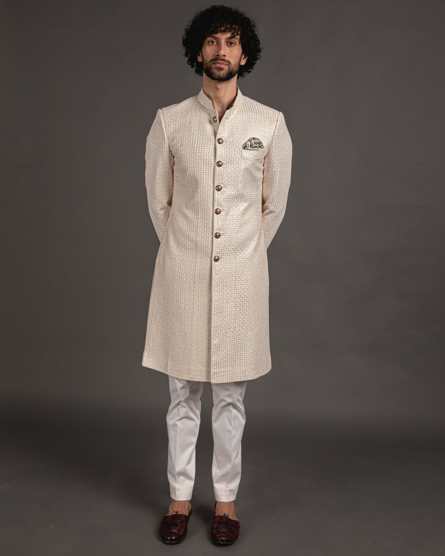 Mens Arjan Dugal | Off White Chanderi Silk Embroidered Full Achkan Set