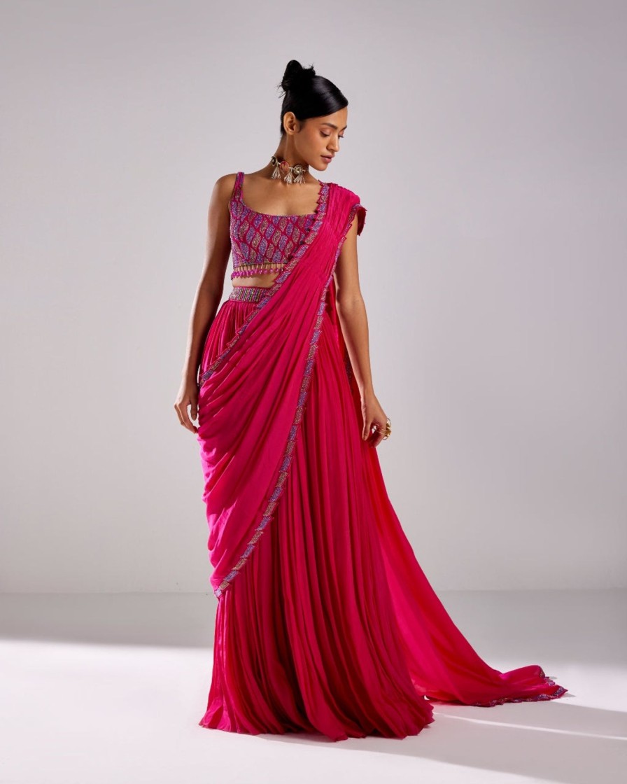 Womens Diya Rajvvir | Fuchsia Pink Embroidered Skirt Sari Set