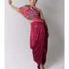 Womens Siddhartha Bansal | Crimson Red Embroidered One Shoulder Top And Drape Skirt