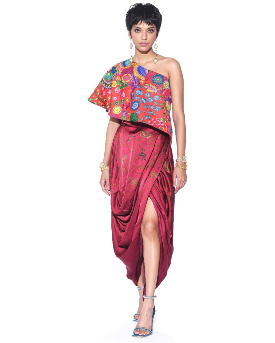 Womens Siddhartha Bansal | Crimson Red Embroidered One Shoulder Top And Drape Skirt