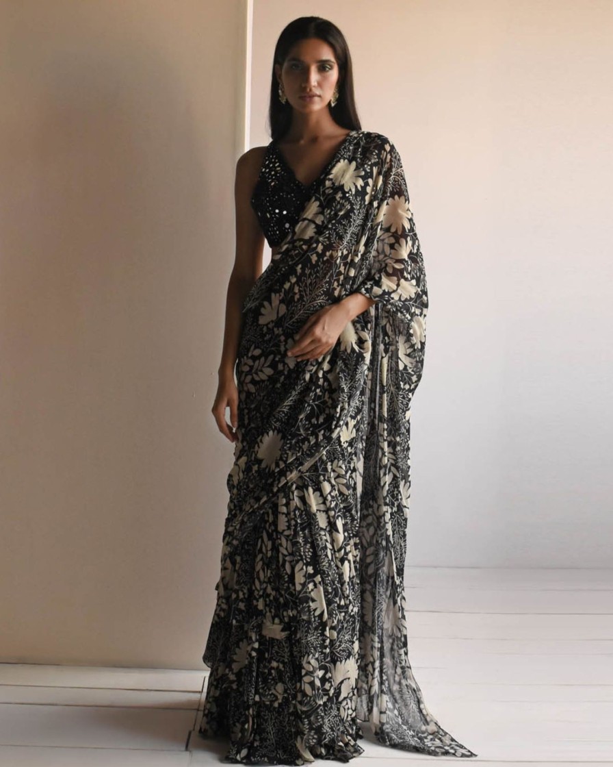 Womens Arpita Mehta | Black Garden Printed Ruffle Sari Set