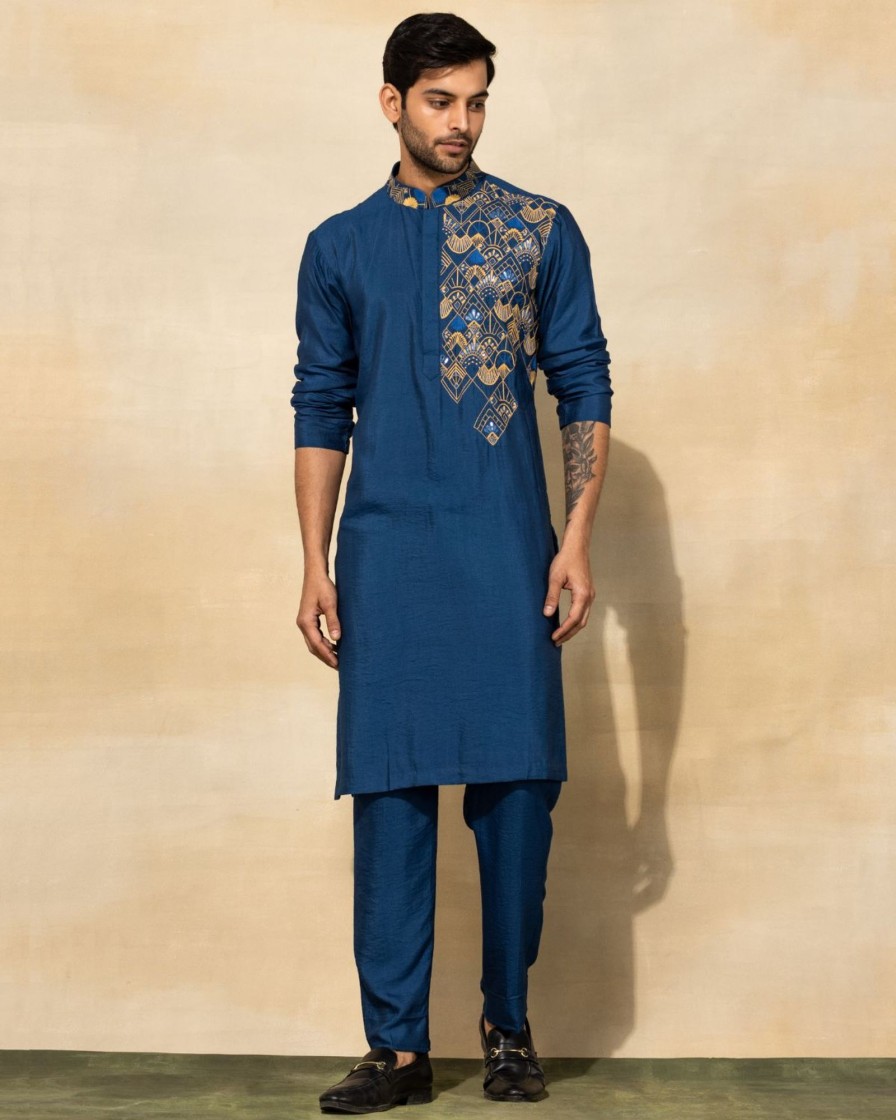 Mens Diya Rajvvir Mens | Indigo Blue Embroidered Kurta Set