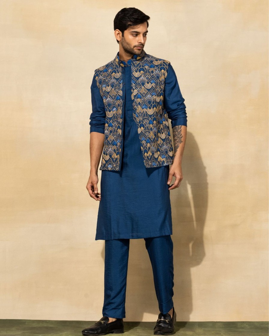 Mens Diya Rajvvir Mens | Indigo Blue Embroidered Kurta Set