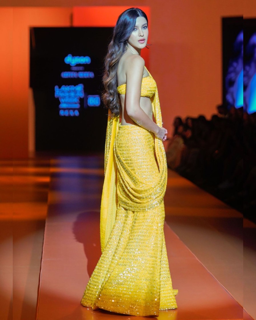 Bridal Arpita Mehta | Acid Yellow Embellished Sari Set