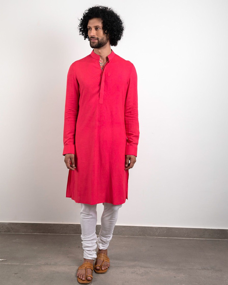 Mens Arjan Dugal | Hot Pink Silk Kurta Set